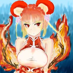 Rule 34 | 1girl, animal ears, braid, china dress, chinese clothes, dress, fire, framed breasts, gradient hair, hinezumi (monster girl encyclopedia), monster girl, monster girl encyclopedia, mouse ears, multicolored hair, red dress, red eyes, red hair, sleeveless, sleeveless dress, solo