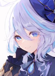 Rule 34 | 1girl, absurdres, ascot, black gloves, blue eyes, blue gemstone, blue hat, blue jacket, blush, frilled sleeves, frills, furina (genshin impact), gem, genshin impact, gloves, hair between eyes, half gloves, hand on own cheek, hand on own face, hat, head rest, highres, jacket, looking at viewer, medium hair, multicolored hair, pisuke (user kcmh2774), portrait, sidelocks, simple background, smile, solo, streaked hair, white background, white hair