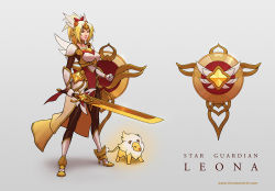 Rule 34 | 1girl, alternate costume, animal, armor, blonde hair, breasts, brown socks, character name, collarbone, gauntlets, grey background, hair ornament, hair ribbon, high heels, holding, holding shield, holding sword, holding weapon, kneehighs, large breasts, league of legends, leona (league of legends), lion, long hair, red ribbon, ribbon, shield, shoes, shoulder armor, simple background, socks, solo, sword, thorsten erdt, watermark, weapon, web address