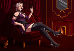 Rule 34 | 1girl, asymmetrical clothes, bare shoulders, black hair, boots, breasts, center opening, chair, cleavage, closed mouth, collar, crossed legs, cup, curtains, detached sleeves, dress, drinking glass, eyeshadow, fireplace, full body, glass, high heel boots, high heels, highres, large breasts, long hair, looking at viewer, makeup, miiiyaw, mirror, mortal kombat (series), mortal kombat 11, multicolored hair, purple dress, purple eyeshadow, purple lips, red wine, revealing clothes, sindel, sitting, solo, thighhighs, two-tone hair, white thighhighs, wine, wine glass