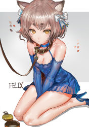 Rule 34 | 10s, 1girl, :&lt;, animal collar, animal ears, bare legs, bare shoulders, bdsm, between legs, blue dress, blue footwear, blue gloves, bow, breasts, brown hair, buckle, can, canking, cat ears, character name, choker, cleavage, closed mouth, collar, collarbone, color guide, detached sleeves, dress, elbow gloves, eyebrows, felix argyle, from above, genderswap, genderswap (mtf), gloves, grey background, hair bow, halterneck, hand between legs, high heels, lace, lace-trimmed dress, lace trim, leash, looking at viewer, no socks, pet play, puffy chest, re:zero kara hajimeru isekai seikatsu, shoes, short dress, short eyebrows, short hair, sitting, sleeveless, sleeveless dress, small breasts, solo, spaghetti strap, thick eyebrows, v arms, viewer holding leash, wariza, white bow, yellow eyes