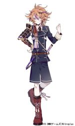 Rule 34 | 10s, 1boy, armor, boots, brown eyes, brown hair, cross-laced footwear, full body, gotou toushirou, hand on own hip, japanese armor, lace-up boots, male focus, military, military uniform, necktie, official art, shikimi (yurakuru), shorts, shoulder armor, smile, sode, solo, touken ranbu, uniform, white background