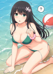 Rule 34 | 1girl, ?, arm support, ball, bare legs, barefoot, beach, beachball, bikini, black hair, breasts, caustics, cleavage, commentary request, day, fingernails, flower, green bikini, green eyes, hair between eyes, hair flower, hair ornament, long hair, medium breasts, nakamura sumikage, navel, original, outdoors, pink flower, pink scrunchie, polka dot, polka dot scrunchie, sand, scrunchie, shallow water, side-tie bikini bottom, solo, spoken question mark, swimsuit, untied bikini, very long hair, water, wrist scrunchie