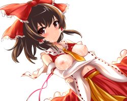 Rule 34 | 1girl, bad id, bad nijie id, bare shoulders, blush, bow, breasts, brown hair, clothes lift, crying, cum, cum on body, cum on breasts, cum on clothes, cum on upper body, detached sleeves, facial, hair bow, hair tubes, hakurei reimu, highres, long hair, looking at viewer, navel, nipples, red eyes, shirt lift, simple background, skirt, solo, tears, touhou, white background, yoshimo