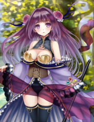 Rule 34 | 1girl, bare shoulders, black thighhighs, blush, breasts, cleavage, corset, cowboy shot, eyebrows, flower, hair flower, hair intakes, hair ornament, large breasts, legs together, long hair, looking at viewer, nature, original, outdoors, parted lips, purple eyes, purple hair, shawl, solo, standing, thigh gap, thighhighs, thighs, yuuki rika