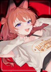 1girl animal_ears blush brown_hair cat_ears commentary crop_top detached_sleeves english_commentary fang fingerless_gloves gakuen_idolmaster gloves grey_shirt hanami_saki hands_up highres idolmaster kebohan kemonomimi_mode long_hair long_sleeves looking_at_viewer open_mouth purple_eyes shirt sleeves_past_wrists solo sweat upper_body