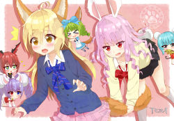 Rule 34 | &gt; &lt;, 6+girls, all fours, animal ears, apron, bad id, bad pixiv id, blonde hair, blue eyes, blue hair, blush, bow, braid, bun cover, cardigan, chibi, china dress, chinese clothes, closed eyes, curly hair, dog ears, double bun, dress, drill hair, elin, folding fan, green eyes, green hair, hair bun, hand fan, heterochromia, highres, kneehighs, long hair, multiple girls, open mouth, outside border, pink hair, purple hair, rabbit ears, red eyes, red hair, ribbon, school uniform, short hair, single hair bun, skirt, smile, socks, sparkle, sparkling eyes, striped clothes, striped legwear, striped socks, surprised, tail, tail grab, tera online, thighhighs, twin braids, twintails, whiskers, yellow eyes, yuuuuu (magia-mami)