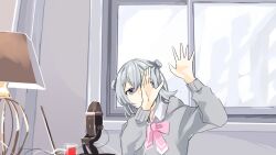 Rule 34 | 1girl, 2channel, absurdres, arms up, bow, bowtie, cevio, collared shirt, computer, cup, desk lamp, desk microphone, double bun, drinking glass, grey hair, grey hoodie, hair bun, hand over face, highres, hood, hoodie, indoors, koharu rikka, lamp, laptop, long sleeves, medium hair, microphone, nishimura hiroyuki (2ch), pink bow, pink bowtie, purple eyes, shirt, sitting, solo, synthesizer v, toudou charo, upper body, white shirt, window