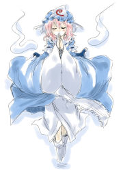 Rule 34 | 1girl, closed eyes, hat, hitodama, japanese clothes, own hands clasped, own hands together, pink hair, saigyouji yuyuko, short hair, solo, touhou, triangular headpiece, unya, wide sleeves