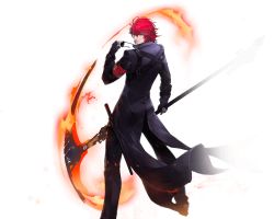Rule 34 | 1boy, artist request, blue eyes, coat, unworn eyewear, fire, holding, holding removed eyewear, holding scythe, king (tower of fantasy), long sleeves, looking at viewer, looking back, official art, pants, red hair, scythe, short hair, solo, sunglasses, tower of fantasy, trench coat