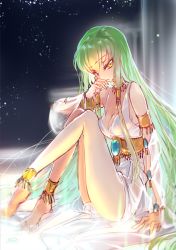 Rule 34 | 1girl, anklet, bare legs, barefoot, bracelet, breasts, c.c., cleavage, code geass, creayus, dress, green hair, image sample, jewelry, long hair, looking at viewer, medium breasts, nail polish, necklace, sideboob, sitting, solo, yellow eyes