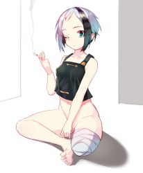Rule 34 | 1girl, amputee, bandages, bikko, black hair, blue eyes, bottomless, cigarette, full body, looking at viewer, multicolored hair, navel, no&#039;mad, no panties, one-eyed, original, scar, scar across eye, scar on face, short hair, simple background, solo, two-tone hair, white background, white hair