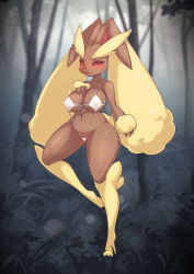 Rule 34 | 1girl, :3, absurdres, animal nose, bad id, bad pixiv id, bare shoulders, black sclera, blurry, blurry background, blush, body fur, boingfarm, breasts, brown fur, bush, cameltoe, cleft of venus, clothed pokemon, collarbone, colored sclera, creatures (company), female focus, forest, full body, furry, furry female, game freak, gen 4 pokemon, grass, half-closed eyes, hand on own chest, hand up, happy, highres, large breasts, leg up, looking at viewer, lopunny, nature, navel, nintendo, one-piece swimsuit, open mouth, outdoors, pokemon, pokemon (creature), rabbit ears, rabbit girl, rabbit tail, red eyes, see-through, shiny skin, slingshot swimsuit, smile, solo, standing, standing on one leg, stomach, swimsuit, tree, two-tone fur, white one-piece swimsuit, wide hips, yellow fur