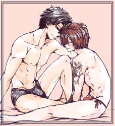 Rule 34 | 2boys, arm tattoo, bandage gloves, bandaged hand, bandages, black bandages, black hair, blue eyes, bulge, chin rest, closed eyes, fate/grand order, fate (series), fujimaru ritsuka (male), fundoshi, fuuma kotarou (fate), hair over one eye, hand on another&#039;s head, head on head, head pat, head rest, highres, japanese clothes, kamenakake, looking at another, male focus, multiple boys, muscular, muscular male, nipples, red fundoshi, red hair, short hair, sitting, smile, tattoo, trap, underwear, underwear only, yaoi