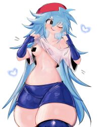 Rule 34 | 1girl, black eyes, blue gloves, blue hair, blue shorts, blush, boyfriend (friday night funkin&#039;), breasts, clothes lift, elbow gloves, fingerless gloves, flashing, friday night funkin&#039;, genderswap, genderswap (mtf), gloves, hat, heart, long hair, looking away, midriff, navel, one eye closed, pasties, shirt, shirt lift, shorts, small breasts, smile, thick thighs, thighhighs, thighs, tomboy, usa37107692, white background, white shirt