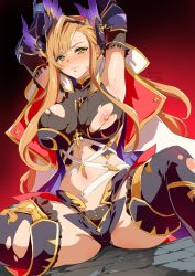 Rule 34 | 1girl, armpits, arms up, black shirt, black shorts, black sleeves, black thighhighs, blush, breasts, cloak, commentary request, commission, crop top, cuffs, detached sleeves, glaring, gold trim, gradient background, granblue fantasy, green eyes, hairband, head wings, highres, large breasts, light brown hair, long hair, looking at viewer, midriff, navel, nipples, parted lips, pixiv commission, red background, restrained, scowl, shackles, shirt, short shorts, shorts, sidelocks, simple background, sitting, sleeveless, sleeveless shirt, solo, spread legs, sweat, thighhighs, torn clothes, torn shirt, torn thighhighs, tweyen (granblue fantasy), white cloak, wings, yajiro masaru