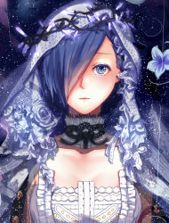 Rule 34 | 1girl, black background, black ribbon, blue eyes, breasts, cleavage, closed mouth, collarbone, g4265059, grey flower, habit, kirishima touka, large breasts, light, light particles, looking at viewer, neck ribbon, ribbon, short hair, solo, tokyo ghoul, upper body