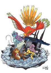 Rule 34 | bird, claws, creatures (company), entei, fangs, from side, game freak, gen 2 pokemon, ho-oh, legendary pokemon, looking at viewer, looking to the side, nintendo, no humans, orange eyes, pigreak, pokemon, pokemon (creature), raikou, red eyes, suicune, tusks, wings