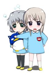 Rule 34 | 00s, 2girls, aged down, blush, child, clothes grab, eila ilmatar juutilainen, hand on own hip, kindergarten, kindergarten uniform, long hair, looking at viewer, multiple girls, name tag, sanya v. litvyak, short hair, simple background, standing, strike witches, stuffed animal, stuffed toy, tagme, thighhighs, white background, world witches series
