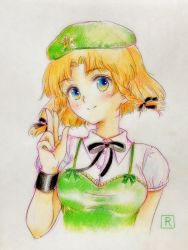 Rule 34 | 1girl, alternate hair length, alternate hairstyle, artist logo, beret, black ribbon, bracer, braid, closed mouth, collared shirt, commentary, cropped torso, dress, green dress, green eyes, green hat, hair ribbon, hat, hat ornament, head tilt, hong meiling, looking at viewer, neck ribbon, one-hour drawing challenge, orange hair, q-bee (aaru), ribbon, salute, shirt, short hair, short sleeves, side braid, smile, solo, spaghetti strap, star (symbol), star hat ornament, touhou, traditional media, twin braids, two-finger salute, upper body, white shirt