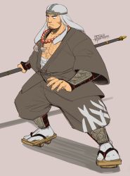 Rule 34 | 1boy, abs, baggy pants, bandages, bara, chest hair, full body, grey kimono, head scarf, holding, holding lance, holding polearm, holding weapon, houzouin oniwaka, japanese clothes, kimono, kyouta 22, lance, large pectorals, long sideburns, pectoral cleavage, male focus, mature male, muscular, muscular male, open clothes, open kimono, pants, pectorals, polearm, short hair, short kimono, sideburns, solo, tokyo houkago summoners, weapon