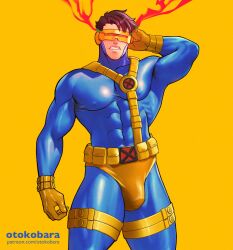 Rule 34 | 1boy, artist name, bara, black hair, blue bodysuit, bodysuit, bulge, covered abs, covered erect nipples, cyclops (x-men), gloves, highres, large pectorals, male focus, marvel, muscular, muscular male, otokobara, patreon username, pectorals, short hair, simple background, solo, teeth, thick thighs, thighs, x, x-men, yellow background, yellow gloves