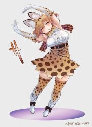 Rule 34 | 1girl, animal ears, armpits, blonde hair, bow, bowtie, breasts, closed eyes, elbow gloves, flexing, gloves, highres, kemono friends, large breasts, nyororiso (muyaa), open mouth, print bow, print bowtie, serval (kemono friends), serval print, shirt, short hair, skirt, sleeveless, tail, thighhighs