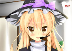 Rule 34 | 1girl, absurdres, bandicam, black hat, blonde hair, blush, brown eyes, commentary request, cookie (touhou), curtains, frilled hat, frills, hat, headset, highres, indoors, kirisame marisa, long hair, looking at viewer, open mouth, parody, plant, potted plant, rei (cookie), smile, solo, syamu game, szk, touhou, turtleneck, upper body, witch hat