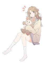 Rule 34 | 1girl, blue sailor collar, blush, bow, brown eyes, brown hair, cardigan, closed mouth, eitopondo, full body, grey skirt, hair bow, hair bun, highres, holding, holding stuffed toy, ichikawa hinana, idolmaster, idolmaster shiny colors, invisible chair, long hair, long sleeves, looking at viewer, open cardigan, open clothes, parted bangs, plaid, plaid skirt, pleated skirt, sailor collar, school uniform, shirt, simple background, single hair bun, single side bun, sitting, skirt, socks, solo, stuffed animal, stuffed toy, teddy bear, white background, white shirt, white socks, yellow cardigan