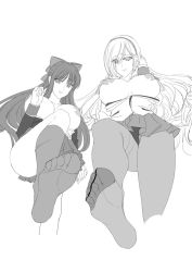 Rule 34 | 2girls, absurdres, bow, breasts, breasts out, celia kumani entory, feet, hair bow, hairband, highres, large breasts, long hair, looking at viewer, monochrome, multiple girls, nipples, pantyhose, parted lips, ryuuzouji akane, see-through, see-through legwear, smile, socks, soles, toes, walkure romanze