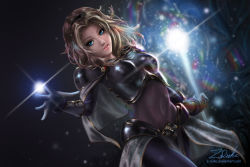 Rule 34 | 1girl, absurdres, armor, blonde hair, blue eyes, bodysuit, boobplate, breastplate, covered navel, elbow gloves, gloves, hairband, highres, league of legends, lux (league of legends), magic, signature, wand, z-duke