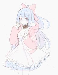 Rule 34 | 1girl, blue eyes, blue hair, blush, bow, breasts, collarbone, commentary, dress, english commentary, frilled dress, frills, grey background, hair bow, highres, hood, hood down, hooded jacket, hyanna-natsu, jacket, long hair, long sleeves, open clothes, open jacket, original, pink bow, pink jacket, puffy long sleeves, puffy sleeves, signature, simple background, sleeves past wrists, small breasts, solo, very long hair, white dress