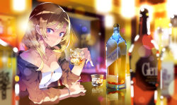 Rule 34 | 1girl, alcohol, bar (place), bare shoulders, blonde hair, blurry, blurry background, blurry foreground, blush, bottle, breasts, brown jacket, cleavage, closed mouth, collarbone, commentary request, cup, depth of field, dress, drink, hand up, haruse hiroki, holding, holding cup, ice, ice cube, indoors, jacket, long hair, long sleeves, medium breasts, off shoulder, open clothes, open jacket, original, purple eyes, reflection, sitting, smile, solo, strapless, strapless dress, transparent, watch, white dress, wristwatch