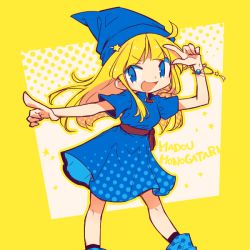 Rule 34 | 1girl, :d, ahoge, blonde hair, blue dress, blue eyes, blue footwear, bracelet, copyright name, dress, feet out of frame, full body, index finger raised, jewelry, long hair, looking at viewer, madou monogatari, open mouth, polka dot, puyopuyo, rakuni, short sleeves, smile, solo, standing, star (symbol), two-tone background, v-shaped eyebrows, white background, witch (puyopuyo), yellow background