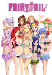 Rule 34 | 6+girls, arm up, armband, armpits, artist request, bare shoulders, belly, bikini, bisca mulan, blonde hair, blue eyes, blue hair, blush, breasts, brown eyes, brown hair, cana alberona, doll, erza scarlet, evergreen (fairy tail), eyebrows, eyelashes, fairy tail, female focus, fingernails, flat chest, forehead, gray fullbuster, green eyes, green hair, hair tie, hairband, hands on own hips, hat, highres, hip focus, juvia lockser, kanji, knees, legs, levy mcgarden, lips, lisanna strauss, long hair, looking at viewer, lucy heartfilia, mirajane strauss, multiple girls, naughty face, navel, open mouth, pectorals, pointing, purple hair, red hair, short hair, simple background, simple teeth, small breasts, straw hat, swimsuit, tattoo, teeth, thighs, twintails, v, wavy hair, wendy marvell, white background