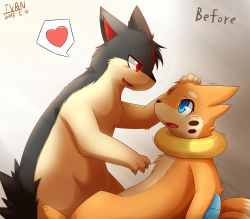 Rule 34 | 2015, artist name, blue eyes, blush, buizel, dated, eye contact, gen 2 pokemon, hand on another&#039;s head, heart, highres, ivan (ffxazq), looking at another, no humans, open mouth, pokemon, pokemon (creature), quilava, red eyes, smile, spoken heart, tears, trembling, typhlosion