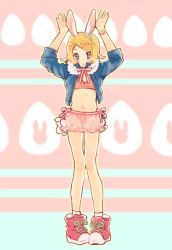 Rule 34 | 1girl, animal ears, arms up, blonde hair, blue eyes, blue jacket, bracelet, commentary, easter egg, egg, frilled shorts, frills, full body, hair ornament, hairclip, highres, jacket, jewelry, kagamine rin, large shoes, looking at viewer, neck ribbon, rabbit ears, remokurin, ribbon, shoes, short hair, short shorts, shorts, sneakers, solo, standing, strapless, striped background, striped ribbon, swept bangs, translucent, tube top, vocaloid