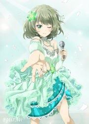Rule 34 | 10s, 1girl, aqua dress, arm warmers, armlet, bad id, bad pixiv id, bare shoulders, brown hair, confetti, delf, dress, flower, foreshortening, frills, green eyes, hair flower, hair ornament, highres, holding, holding microphone, idolmaster, idolmaster cinderella girls, idolmaster cinderella girls starlight stage, jewelry, looking at viewer, microphone, mole, mole under eye, necklace, one eye closed, outstretched hand, short hair, smile, solo, standing, takagaki kaede, twitter username