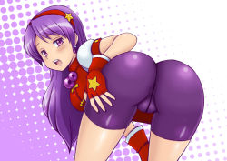Rule 34 | 1girl, asamiya athena, ass, blush, breasts, come hither, gloves, huge ass, large breasts, looking at viewer, looking back, naughty face, open mouth, purple eyes, purple hair, smile, snk, the king of fighters, tsumitani daisuke
