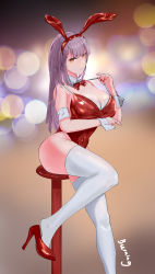 Rule 34 | 1girl, absurdres, animal ears, bow, bowtie, breasts, cleavage, closed mouth, derivative work, expressionless, fake animal ears, feet out of frame, high heels, highres, huge breasts, leotard, long hair, looking at viewer, orange eyes, original, playboy bunny, rabbit ears, red bow, red bowtie, red footwear, silver hair, sitting, solo, strap pull, thighhighs, white thighhighs, xiao huanggua