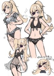 Rule 34 | 1girl, bikini, black bikini, blonde hair, blue eyes, blush, blush stickers, breasts, chibi, closed mouth, eyepatch, frilled bikini, frilled swimsuit, frills, frown, goddess of victory: nikke, guillotine (nikke), hands on own hips, highres, long hair, multiple views, ponytail, simple background, sketch, small breasts, smile, swimsuit, swimsuit cover-up, tuki neko9, wavy hair