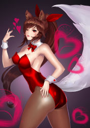 Rule 34 | 1girl, ;), absurdres, ahri (league of legends), alternate hairstyle, animal ears, armpits, ass, bare shoulders, bow, bowtie, breasts, brown hair, cleavage, covered erect nipples, cowboy shot, detached collar, facial mark, fingernails, fishnet pantyhose, fishnets, fox ears, fox girl, fox tail, from side, hair ribbon, heart, highres, karmiel, large breasts, league of legends, leotard, long fingernails, long hair, looking at viewer, looking to the side, nail polish, nontraditional playboy bunny, one eye closed, pantyhose, parted lips, playboy bunny, rabbit girl, red bow, red bowtie, red eyes, red leotard, red nails, red ribbon, ribbon, sharp fingernails, sideboob, smile, solo, tail, very long hair, whisker markings, wrist cuffs