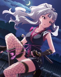 Rule 34 | 10s, 1girl, alternate hairstyle, artist request, crescent moon, fingerless gloves, fishnet thighhighs, fishnets, gloves, heart, idolmaster, idolmaster (classic), idolmaster million live!, japanese clothes, long hair, moon, night, night sky, ninja, ninjatou, official art, pink eyes, ponytail, shijou takane, short sword, silver hair, sky, solo, sword, thighhighs, weapon