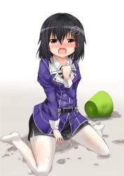 Rule 34 | 1girl, absurdres, black hair, black skirt, blush, bucket, feet, highres, looking at viewer, open mouth, pantyhose, red ribbon, ribbon, short hair, simple background, skirt, solo, tears, wavy mouth, wet, white background, white pantyhose, yellow eyes