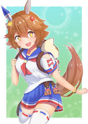 Rule 34 | + +, 1girl, :d, absurdres, animal ears, ao (flowerclasse), backpack, bag, bead bracelet, beads, blue sailor collar, blue skirt, bow, bracelet, breasts, brown eyes, brown hair, commentary request, cropped legs, daruma doll, flower, hair between eyes, hair flower, hair ornament, highres, horse ears, horse girl, horse tail, jewelry, looking at viewer, matikanefukukitaru (umamusume), medium breasts, open mouth, pleated skirt, red bow, sailor collar, school uniform, serafuku, shirt, short sleeves, skirt, smile, solo, tail, thighhighs, umamusume, v-shaped eyebrows, white shirt, white thighhighs, yellow flower