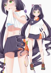 Rule 34 | 1girl, animal ear fluff, animal ears, animal print, badminton, badminton racket, black footwear, black hair, black shorts, black skirt, blue bra, blush, bra, breasts, cat ears, cat girl, cat print, cat tail, closed mouth, commentary request, green eyes, grey background, highres, holding, k mugura, karyl (princess connect!), long hair, looking at viewer, looking away, low twintails, multicolored hair, navel, parted lips, princess connect!, racket, shirt, shoes, short shorts, short sleeves, shorts, shorts under skirt, shuttlecock, simple background, skirt, small breasts, smile, streaked hair, tail, twintails, underwear, very long hair, white hair, white shirt, wiping sweat