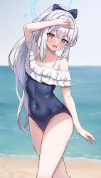 Rule 34 | 1girl, absurdres, blue archive, fanteam, highres, looking at viewer, miyako (blue archive), open mouth, outdoors, ponytail, purple eyes, shirt, smile, solo, swimsuit, white shirt