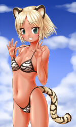 Rule 34 | 1girl, animal ears, animal print, aqua eyes, bare arms, bare shoulders, bikini, bikini tan, blonde hair, blue sky, breasts, byakko (nijiura maids), cleavage, cloud, collarbone, cowboy shot, day, facial mark, fang, futaba channel, grin, hands up, highleg, highleg bikini, highres, kuma (kumahoihoi), looking at viewer, navel, nijiura maids, outdoors, outline, parted bangs, print bikini, pulled by self, short hair, sky, small breasts, smile, solo, standing, strap pull, striped tail, swimsuit, tail, tan, tanline, thighs, tiger ears, tiger girl, tiger print, tiger tail, whisker markings, white outline