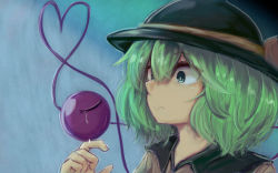 Rule 34 | 1girl, aqua hair, bad id, bad pixiv id, blue background, frown, green eyes, hand up, hat, hat ribbon, heart, heart of string, komeiji koishi, looking to the side, paguningen, portrait, ribbon, short hair, simple background, solo, tears, third eye, touhou