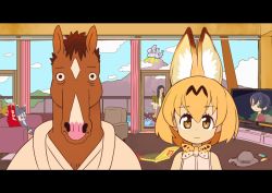 Rule 34 | 10s, 2boys, 5girls, animal ears, arms up, backpack, bag, bags under eyes, beanie, blonde hair, blue hair, blue sky, bojack horseman, bojack horseman (character), bojack horseman (series), bow, bowtie, brown hair, cigarette, cloud, couch, crossed arms, crossover, curtains, day, diane nyugen, feathers, fennec (kemono friends), fingerless gloves, fox ears, fox tail, gloves, green jacket, grey hair, hat, hitsuji bako, hood, hoodie, horse, horse head, jacket, kaban (kemono friends), kemono friends, letterboxed, looking at viewer, mountain, multiple boys, multiple girls, pizza box, pool, robe, serval (kemono friends), serval print, short hair, sky, sleeveless, small-clawed otter (kemono friends), splashing, staring, tail, todd chavez, window, yellow eyes